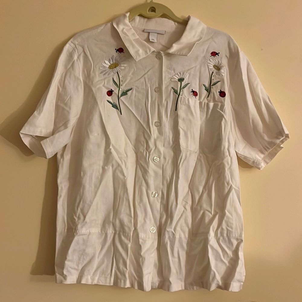 Dress Barn Embroidered Floral White Button Down Shirt Size 18w Linen Blend